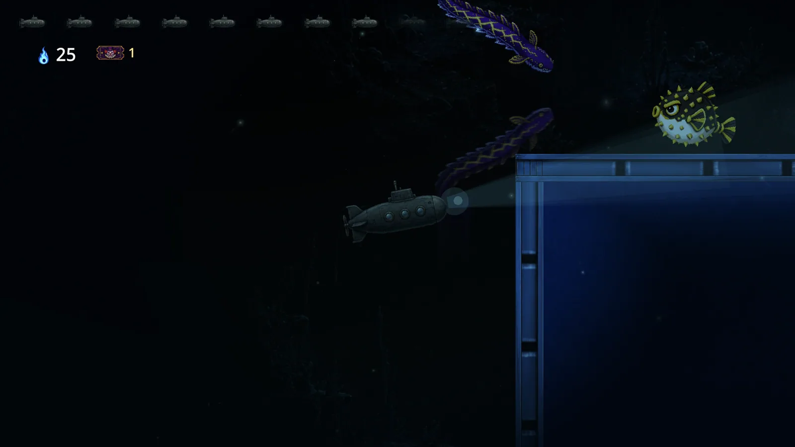 A submarine approaching strange deep sea creatures